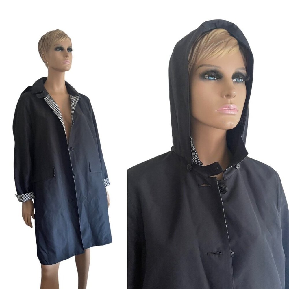 Sanyo Long Sleeve Button Closure Hood Houndstooth Trench Coat Jacket Black - 12